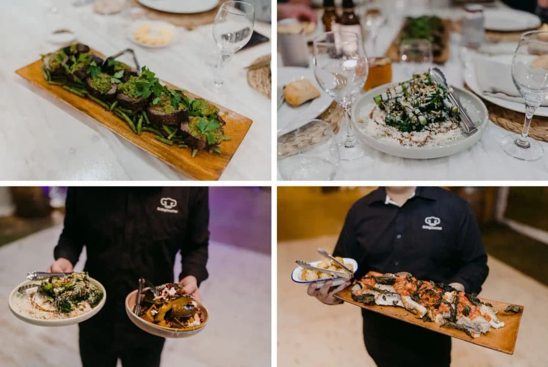Four photographs of prepared reception dishes and servers carrying food platters
