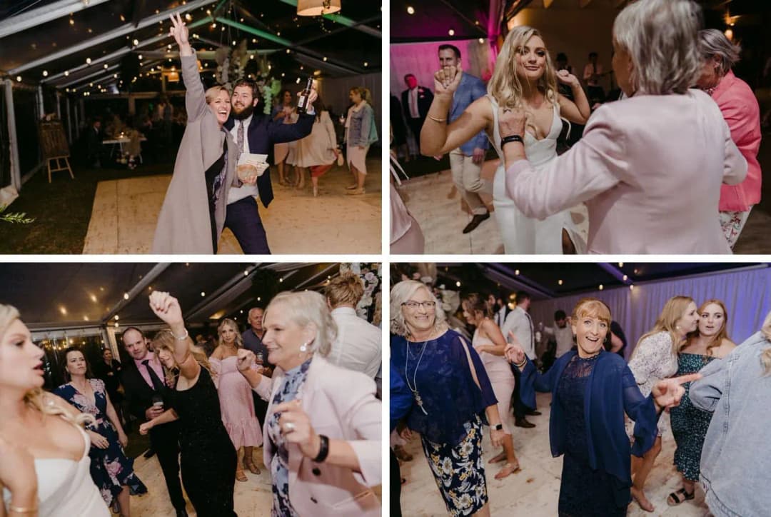 Four photographs of wedding guests dancing beneath party lights
