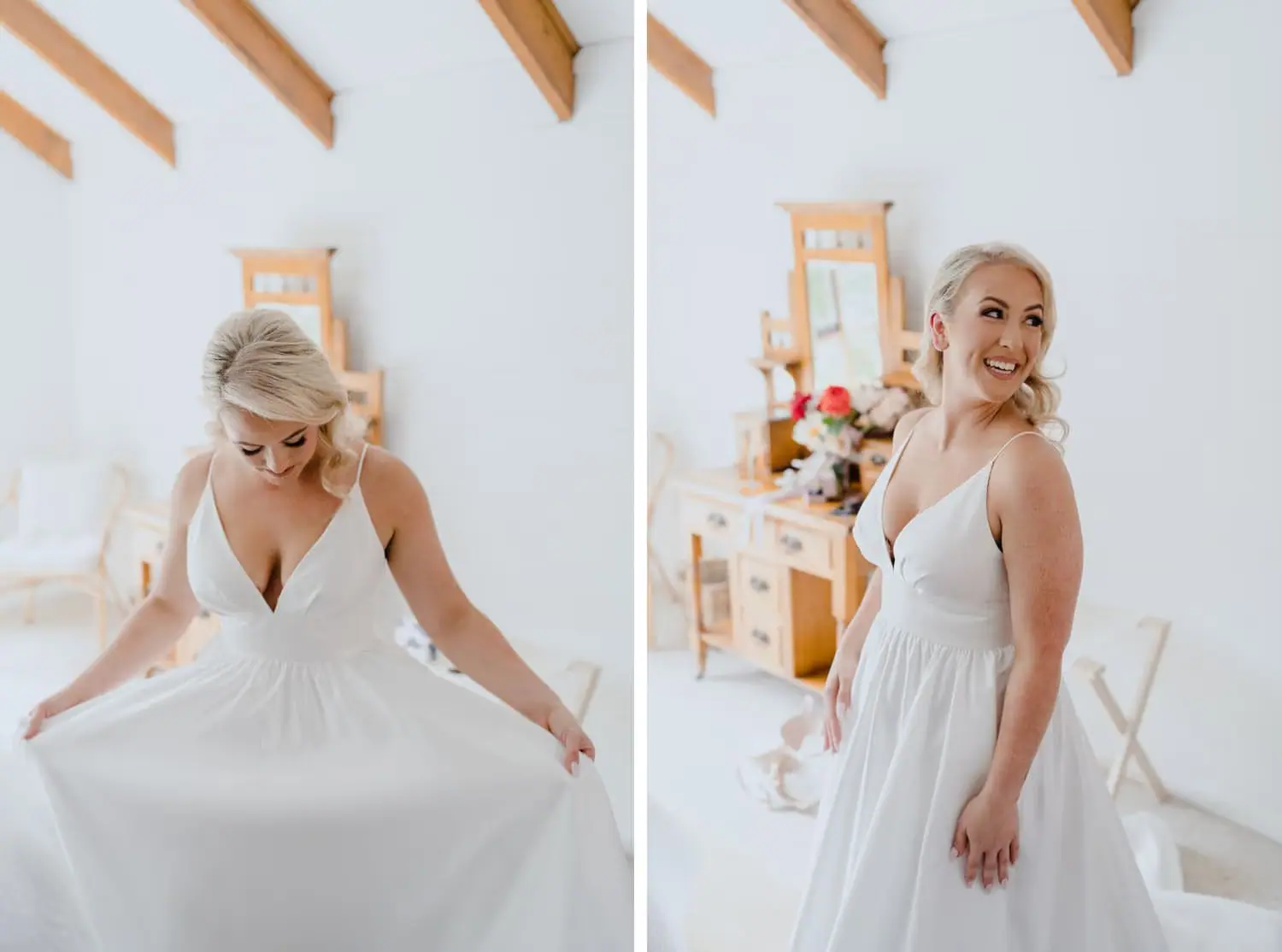 Two photographs of the bride looking down at her dress and smiling indoors