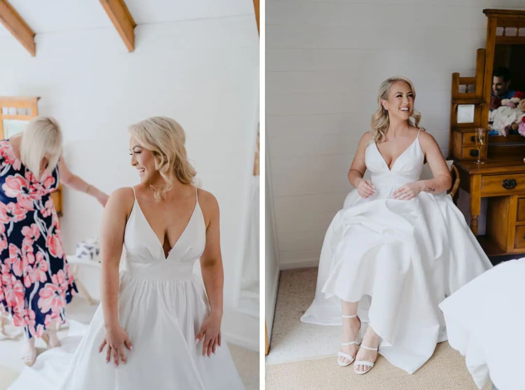 Two photographs of the bride standing with a woman and sitting to adjust her shoes