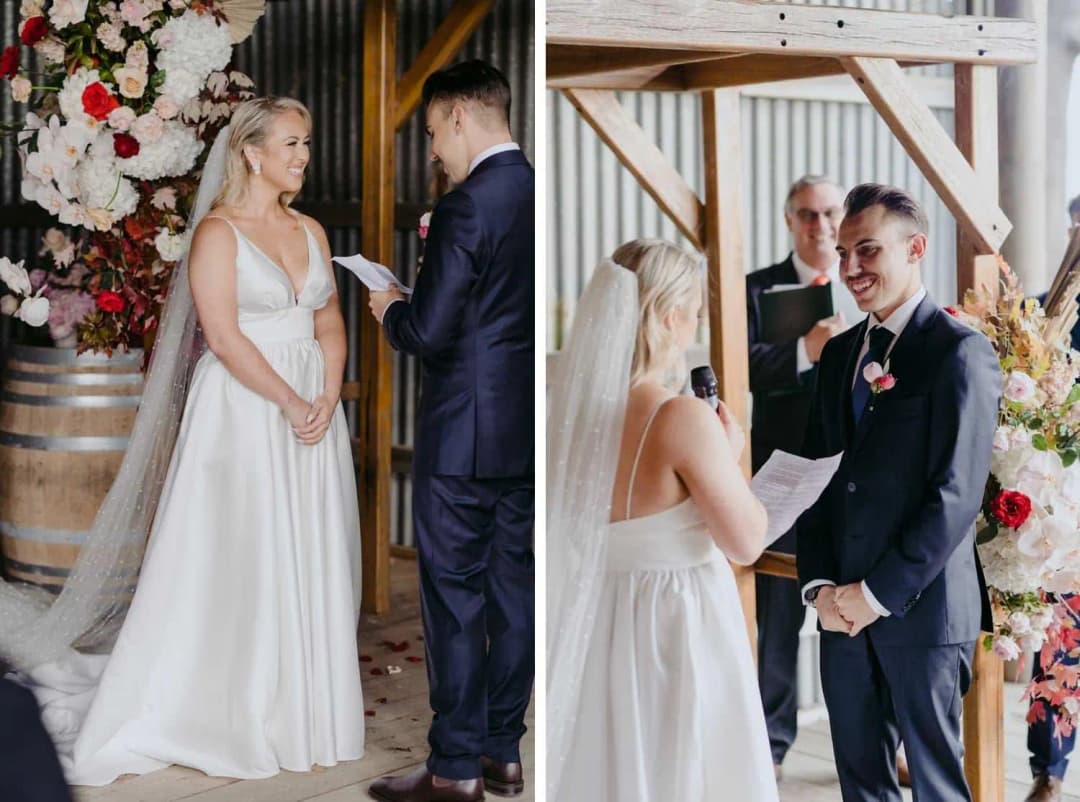 Two photographs of the couple reading and smiling during the ceremony
