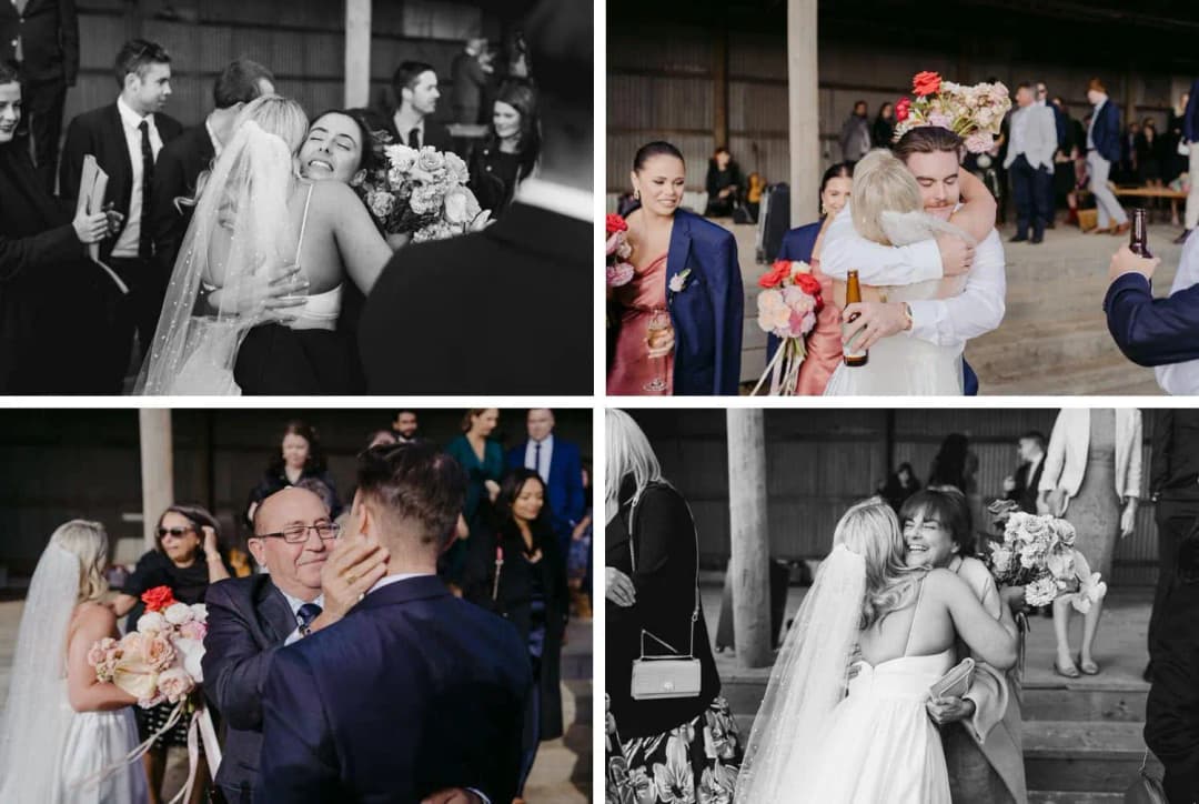 Four photographs of the couple embracing guests after the ceremony