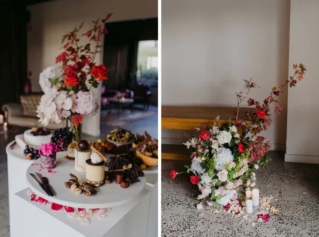 Two photographs of the reception dessert display and a floor-standing floral arrangement