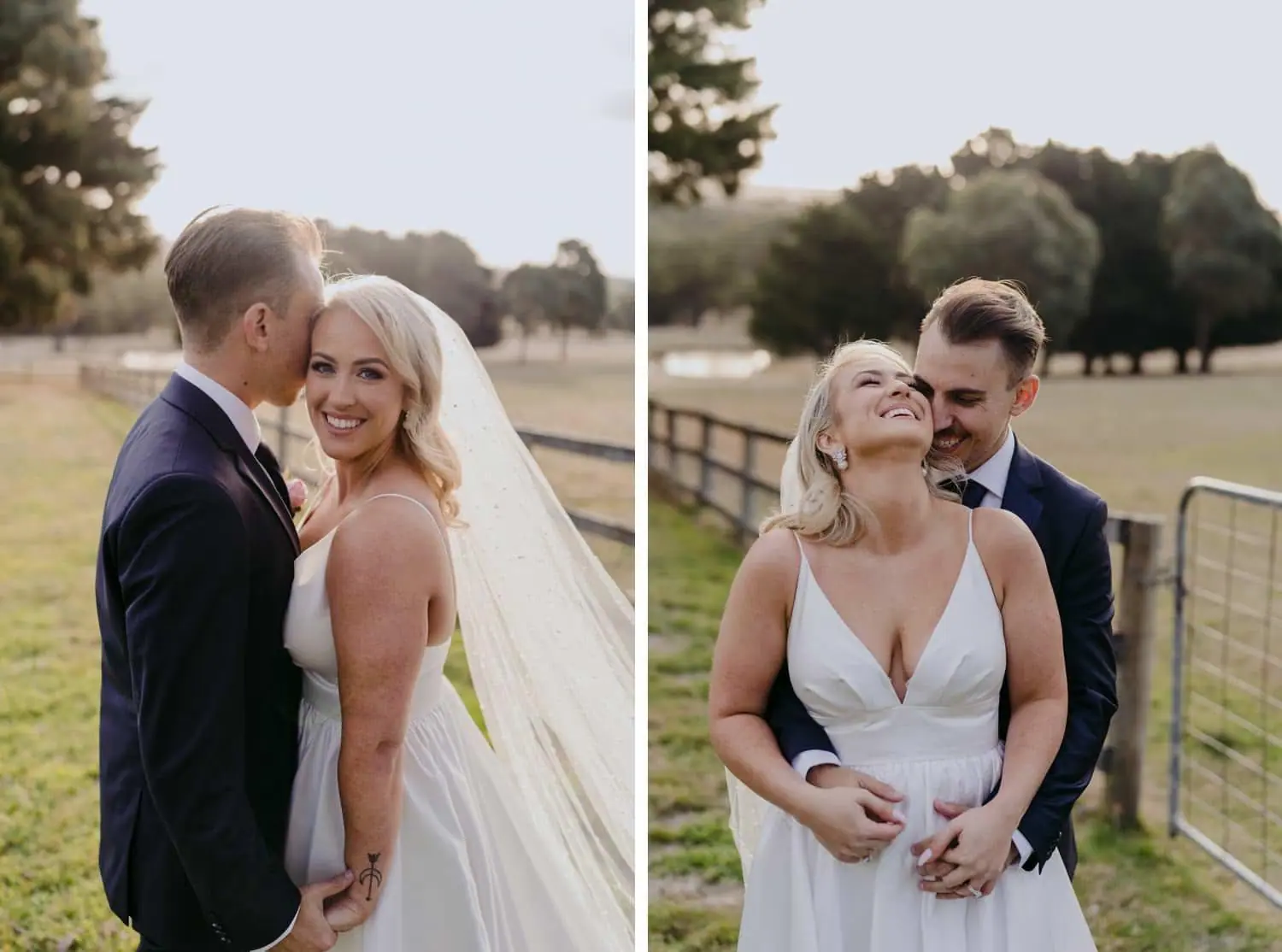 Two photographs of the couple embracing and laughing beside a fence