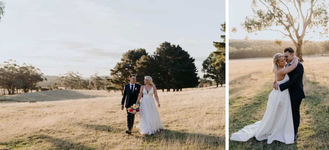 Two photographs of the couple walking and embracing in a sunlit field