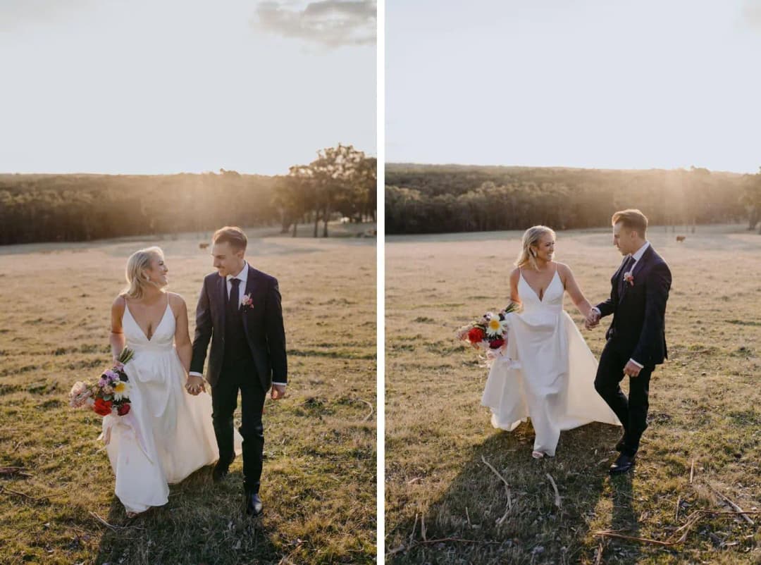 Two photographs of the bride and groom holding hands in a sunlit field