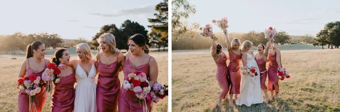 Two photographs of the bride and bridesmaids laughing and raising their bouquets
