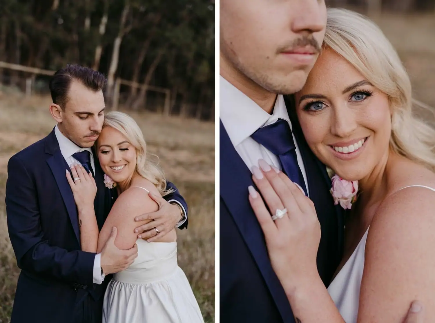 Two photographs of the bride resting against the groom and smiling toward the camera