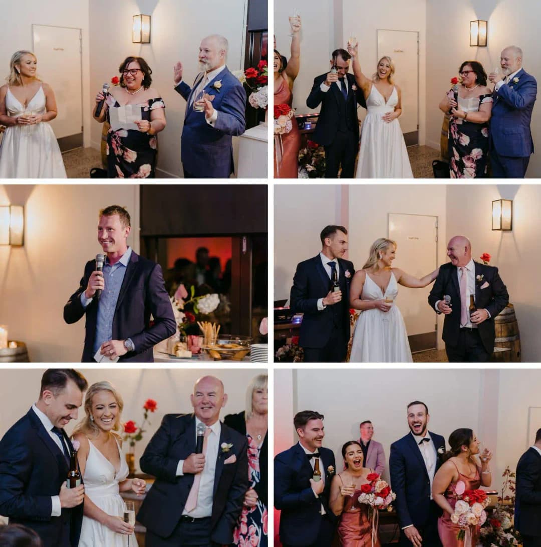 Six photographs of wedding speeches, raised glasses and laughing guests