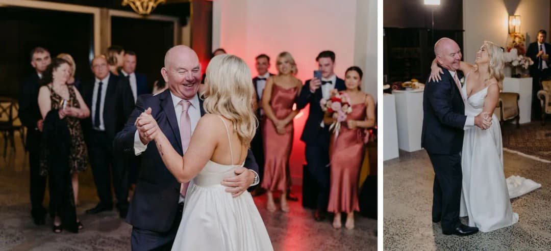 Two photographs of the bride dancing with a bald man at the reception