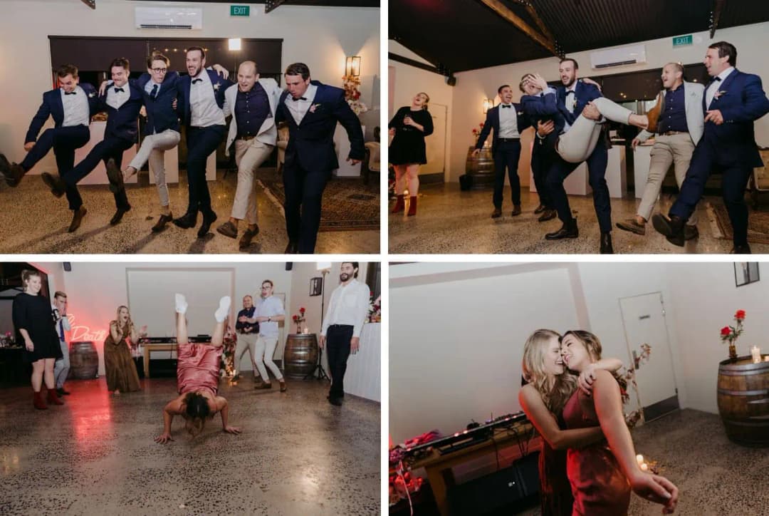Four photographs of guests kicking their legs, lifting a friend and dancing