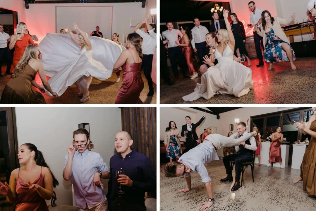 Four photographs of the bride and guests celebrating and performing playful dance moves