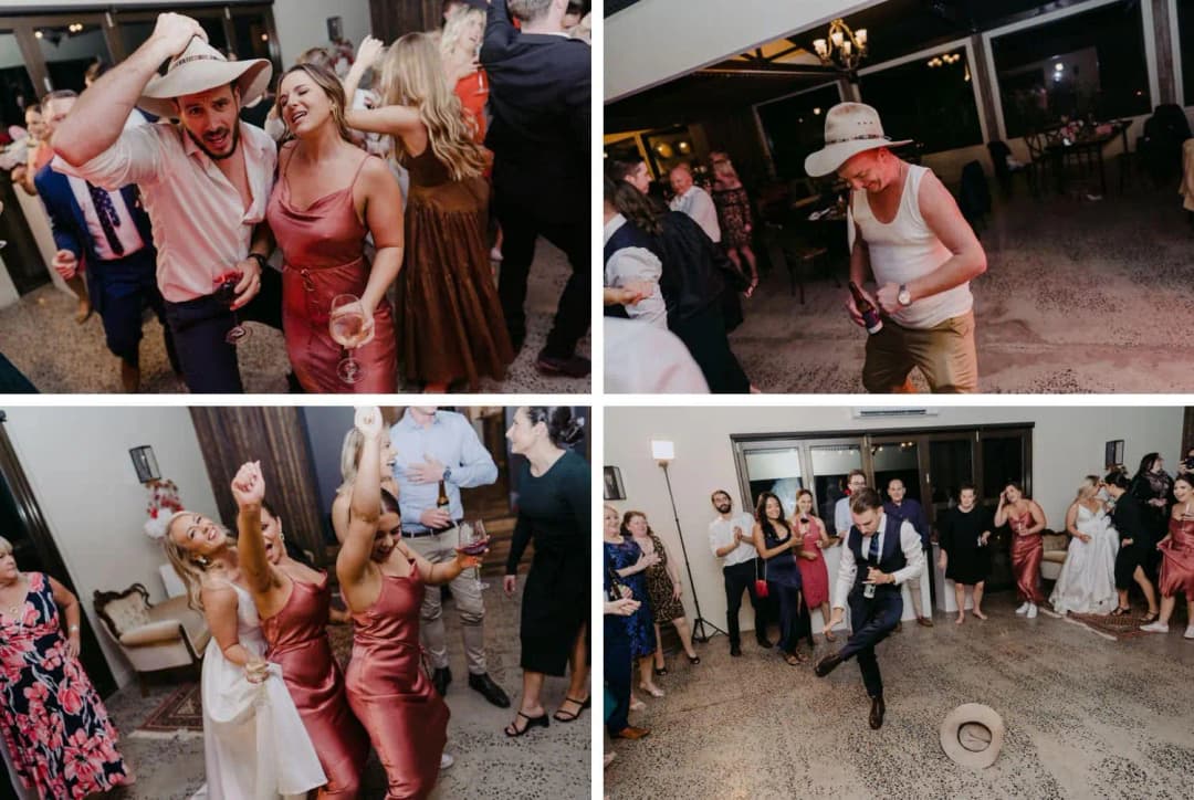 Four photographs of guests in hats dancing and cheering at the reception
