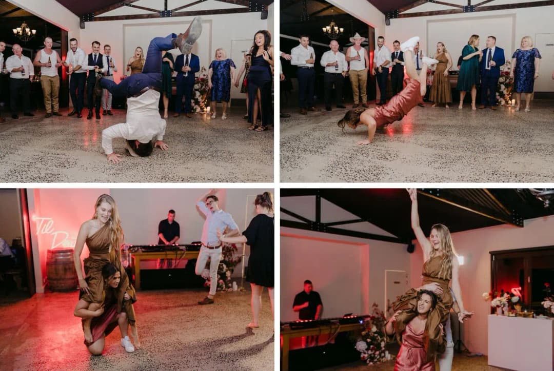 Four photographs of guests performing headstands and carrying friends on their shoulders