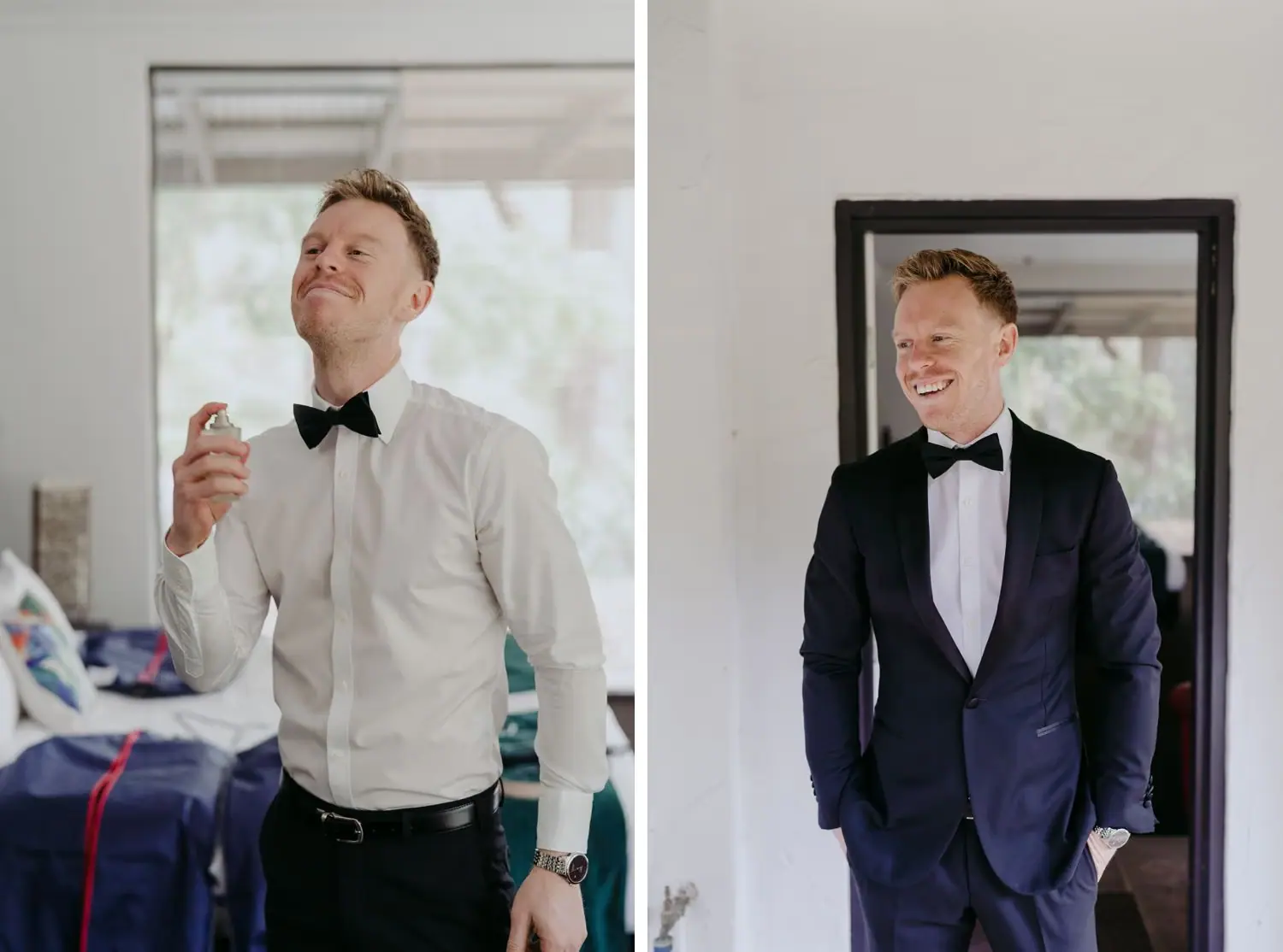 Two photographs of the groom smiling in a shirt and in his suit jacket