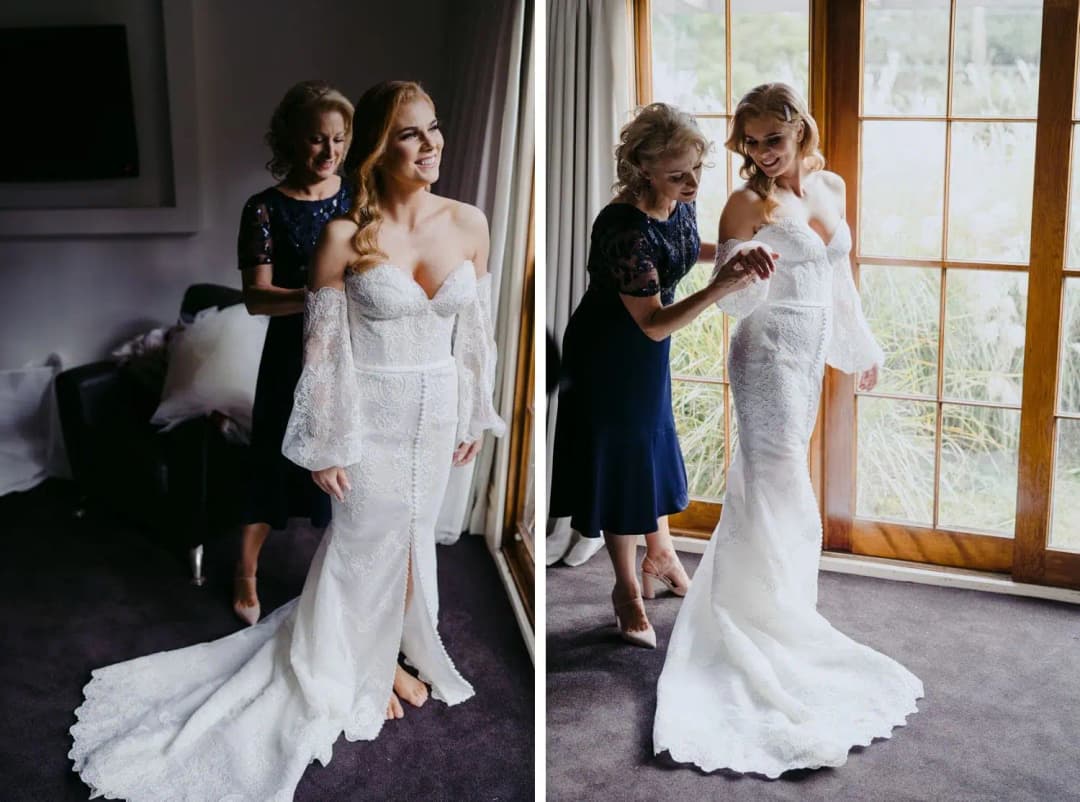 Two photographs of an older woman helping the bride with her wedding dress