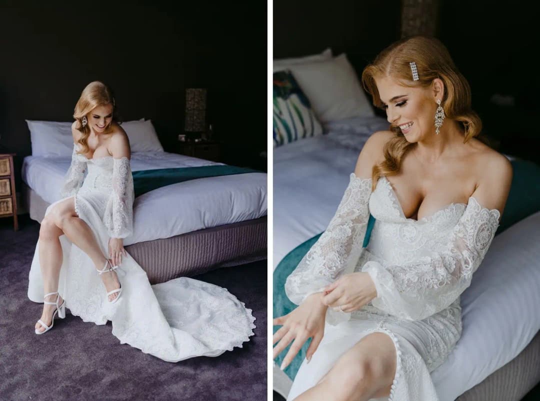 Two photographs of the bride fastening a shoe and adjusting her dress