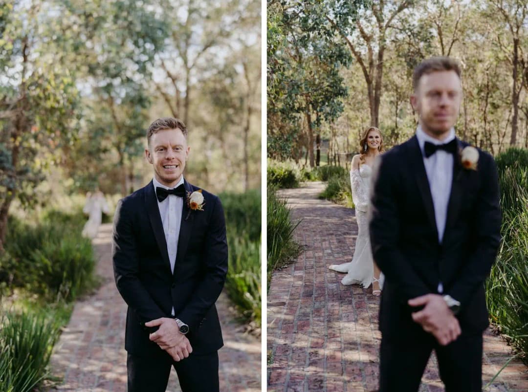 Two photographs of the groom waiting on a garden path as the bride approaches