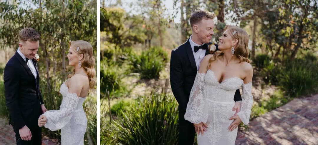 Two photographs of the bride and groom looking down and embracing