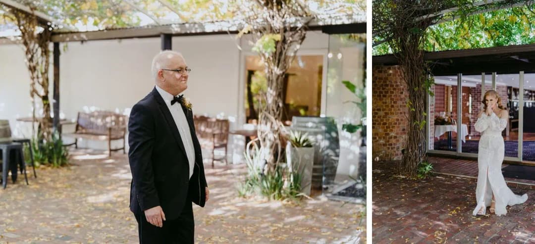 Two photographs of an older man waiting and the bride approaching him