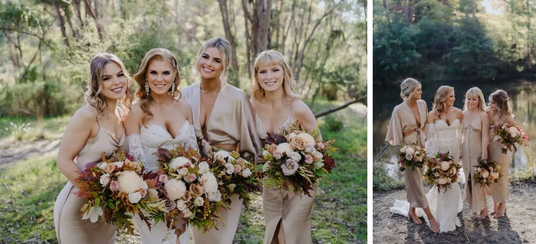 Two photographs of bridesmaids smiling with the bride and their bouquets