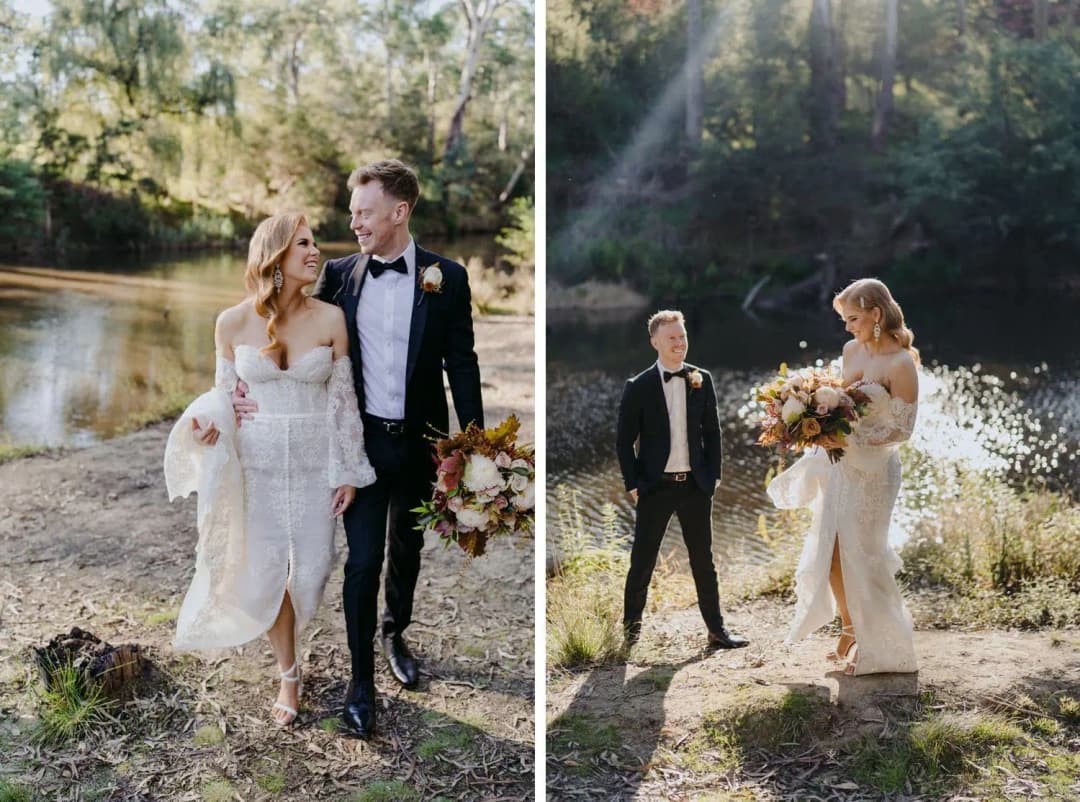 Two photographs of the bride and groom beside a sunlit garden pond