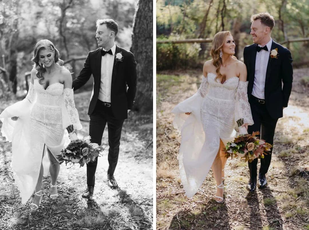 Black-and-white and colour photographs of the couple walking through the garden