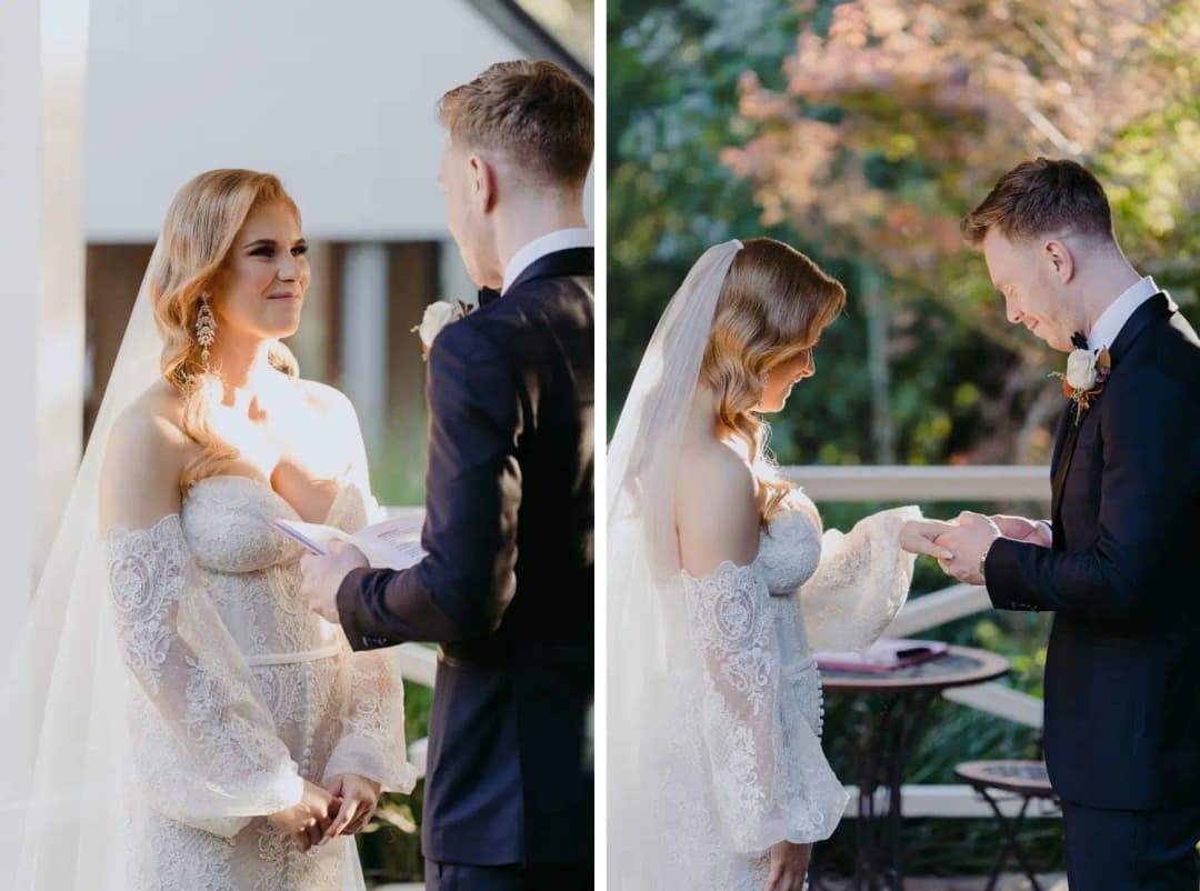 Two photographs of the bride facing the groom and the couple exchanging a ring