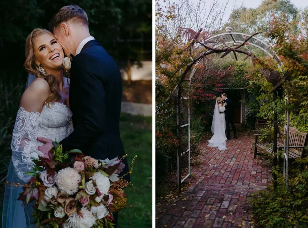Two photographs of the groom kissing the bride and the couple beneath a garden arch