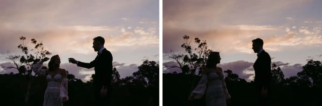Two photographs of the couple silhouetted against a colourful sunset