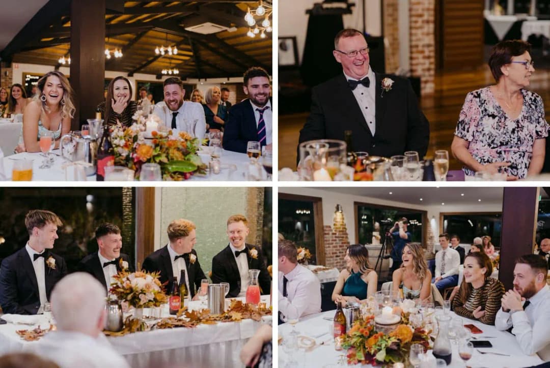 Four photographs of guests laughing and watching speeches at reception tables