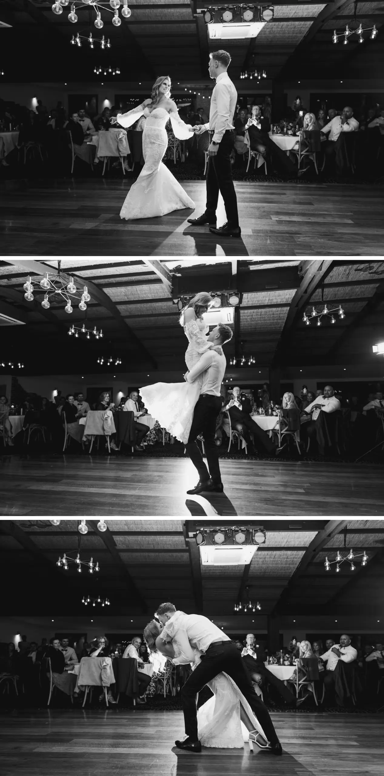 Three black-and-white photographs of the newlyweds twirling and dipping during their first dance