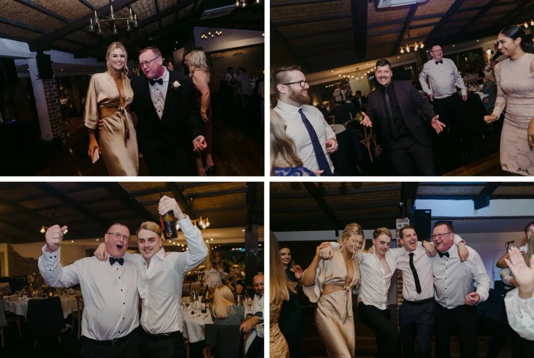 Four photographs of guests laughing and dancing together at the reception