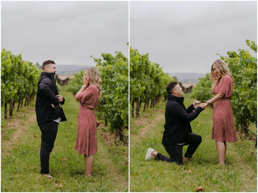 Two photographs of a man surprising a woman and kneeling on one knee in the vineyard.
