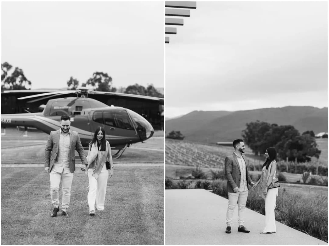Two black-and-white photographs of a couple beside a helicopter and at a vineyard.