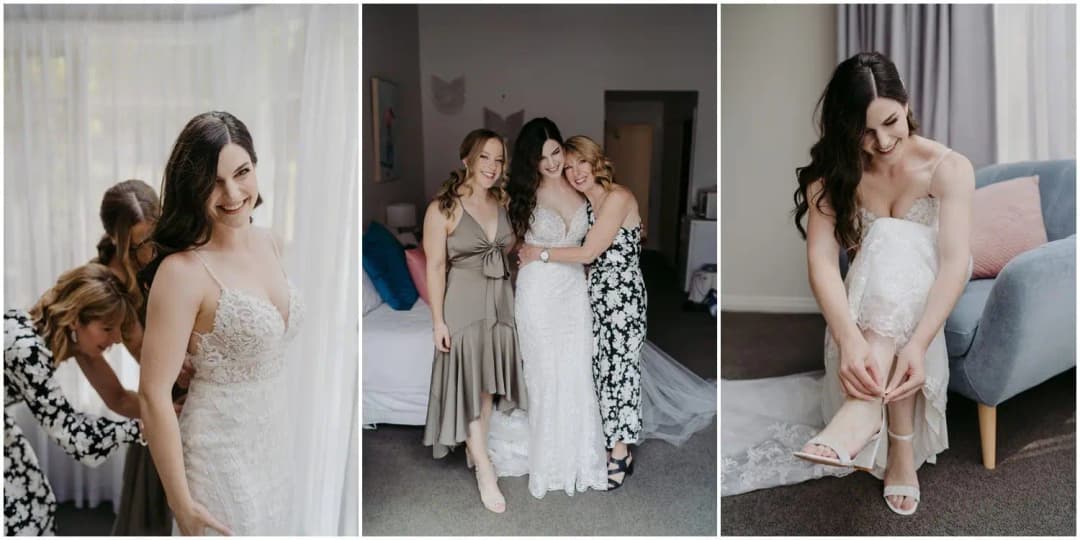 Three photographs of a bride and her friends getting ready indoors