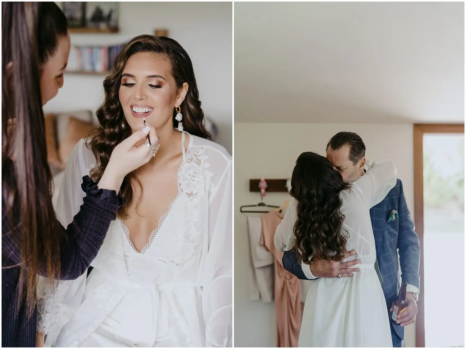 Two photographs of the bride having lipstick applied and kissing the groom indoors