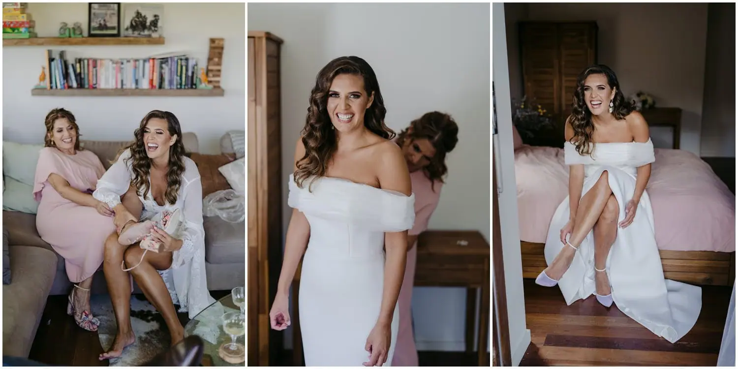 Three photographs of a bride relaxing with a friend and getting dressed indoors