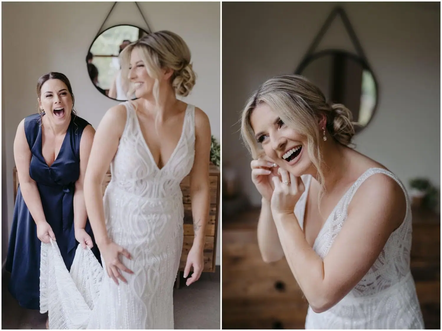 Two photographs of a bride laughing with a friend while getting ready