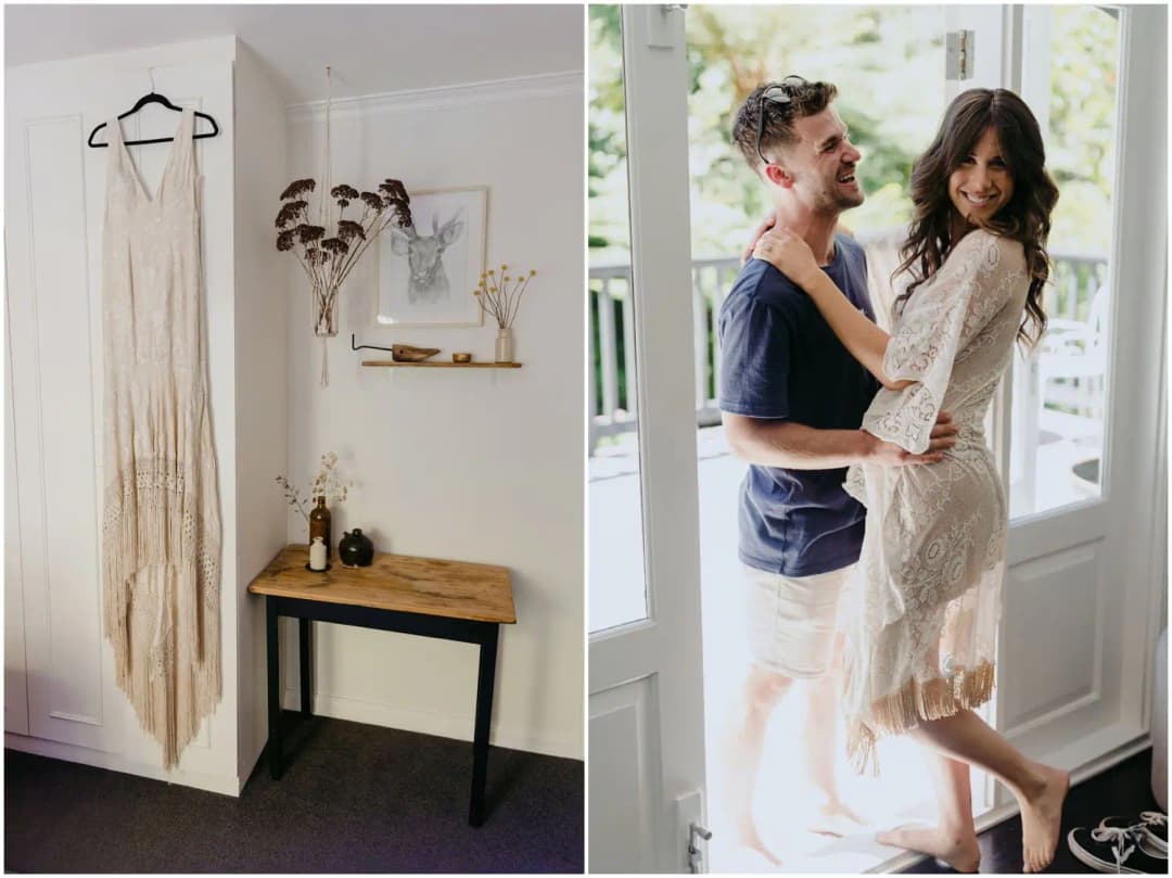 Two photographs of a hanging wedding dress and a couple embracing indoors