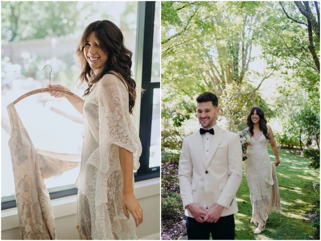 Two photographs of the bride holding her dress and approaching the groom outdoors