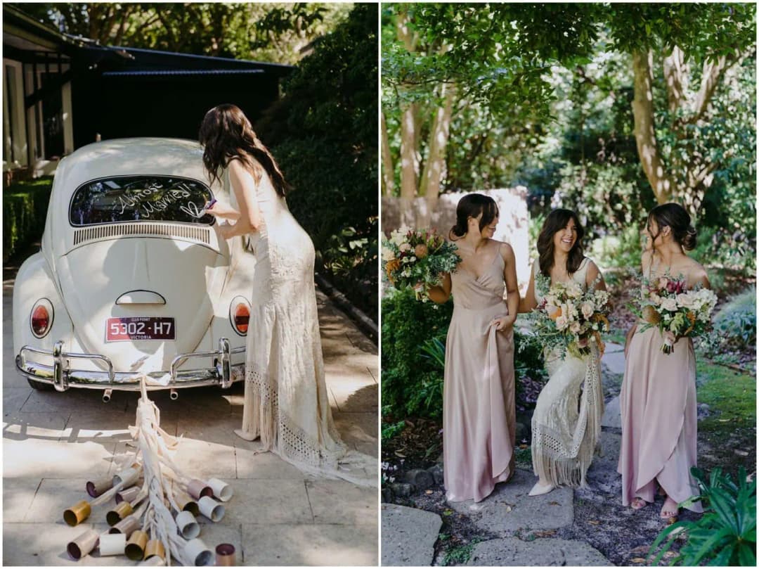 Two photographs of the bride beside a white vintage car and with her bridesmaids in a garden