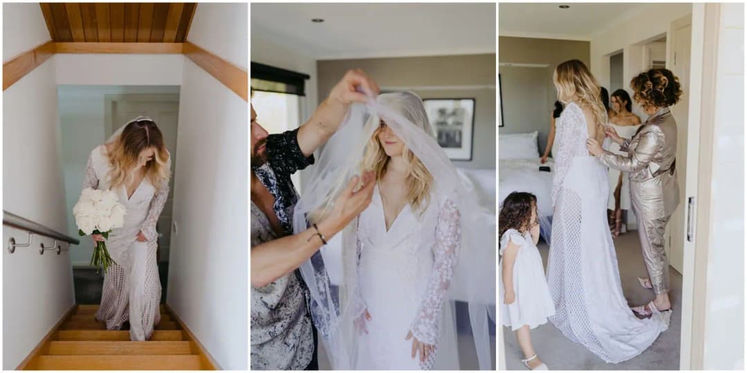 Three photographs of a bride on a staircase and being helped with her veil and dress