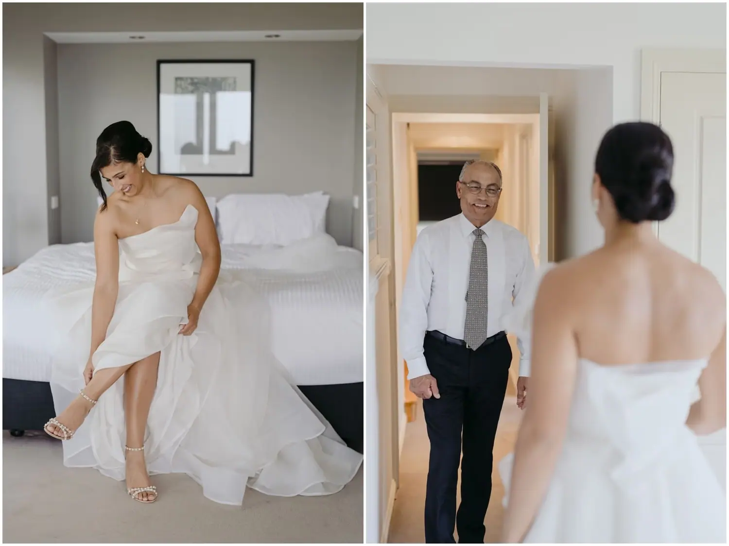 Two photographs of the bride fastening her shoes and greeting a man at a bedroom doorway