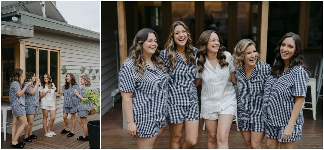 Two photographs of women laughing together outdoors in checked sleepwear