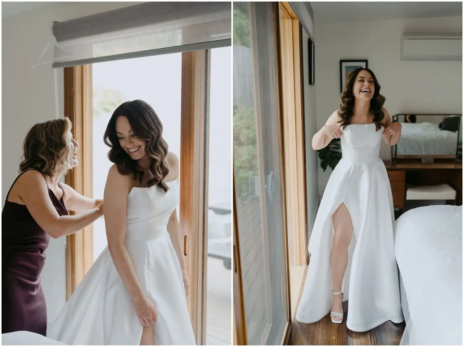 Two photographs of the bride being helped with her dress and posing in a doorway