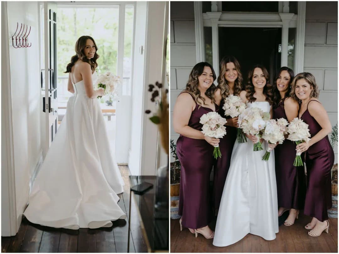 Two photographs of the bride beside a window and with her bridesmaids holding bouquets