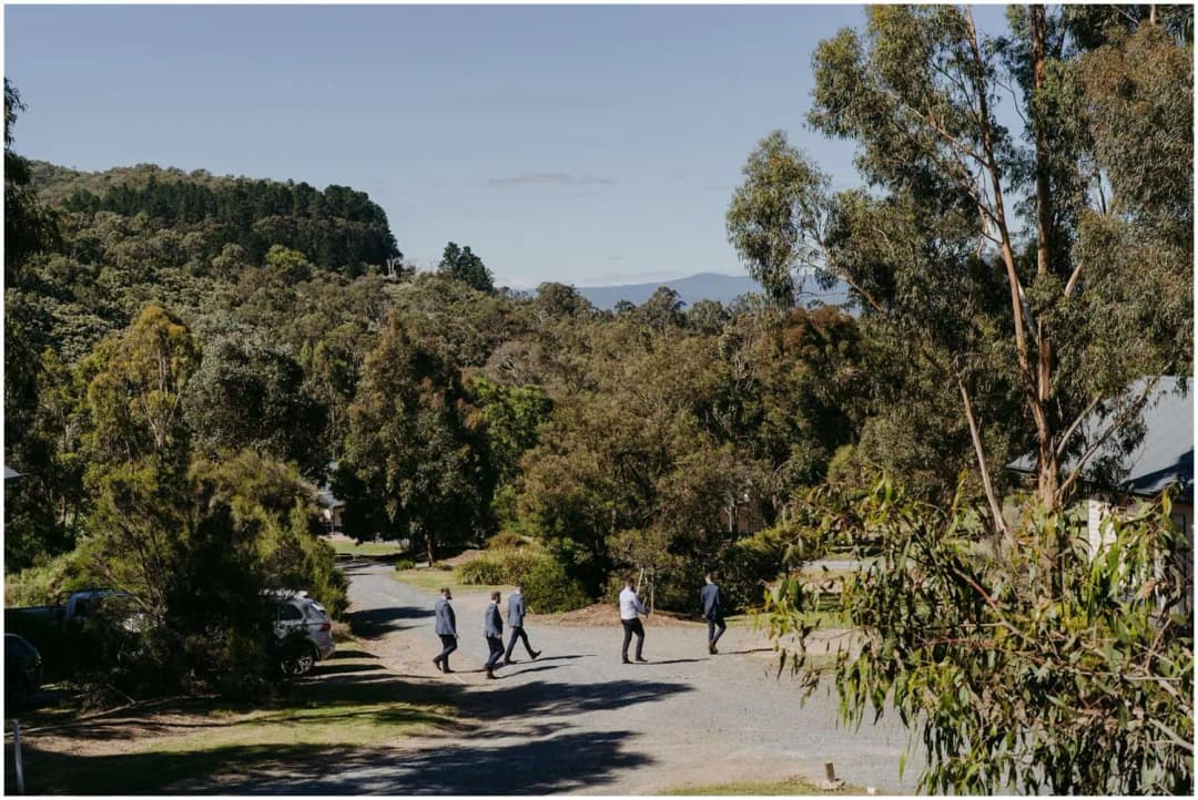 People walking along a broad gravel drive surrounded by trees