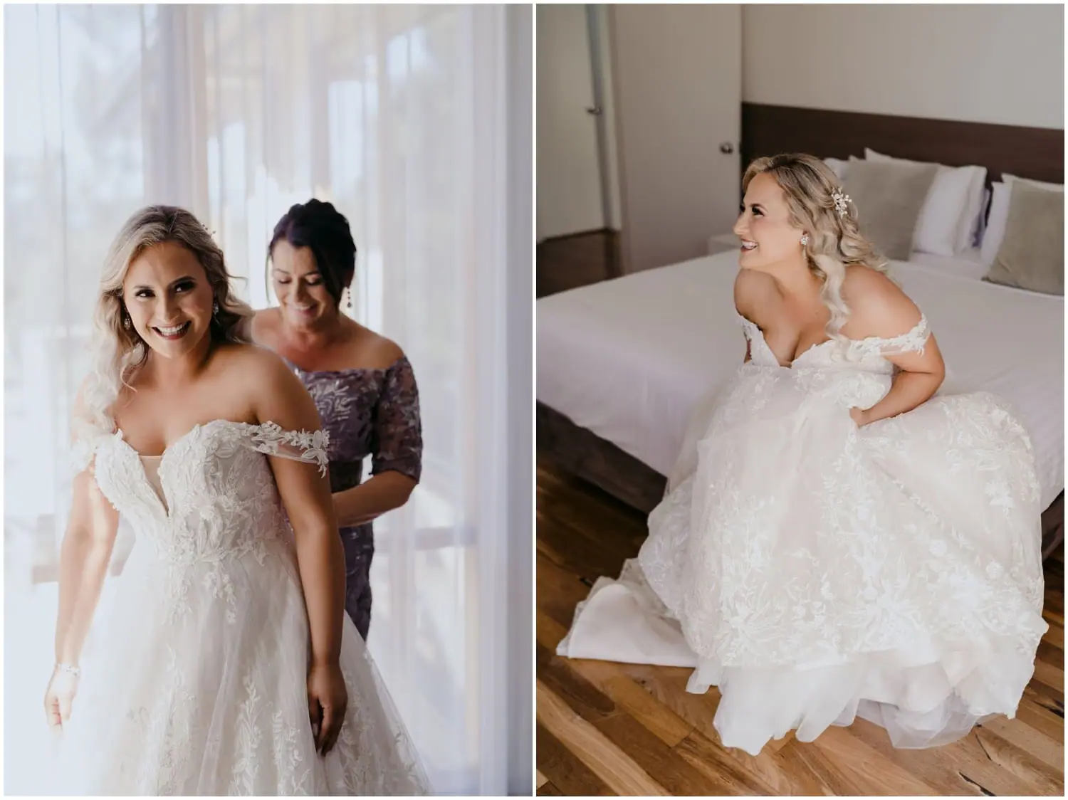 Two photographs of the bride being helped with her dress and sitting on a bed