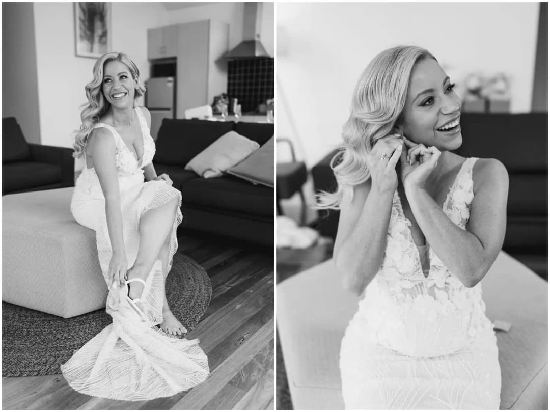 Two black and white photographs of the bride seated and adjusting an earring